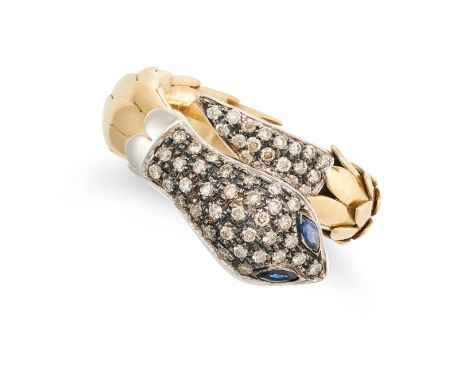 A SAPPHIRE AND DIAMOND SNAKE RING in 18ct yellow gold, the ring designed as an articulated snake, the head and tail pave set 