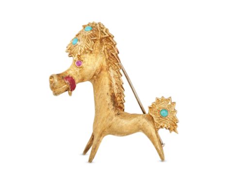 A VINTAGE TURQUOISE AND RUBY BROOCH in 18ct yellow gold, designed as a stylised horse accented with cabochon turquoise and a 