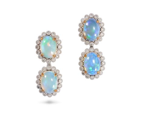 A PAIR OF OPAL AND DIAMOND DROP EARRINGS in 18ct white and yellow gold, each set with two oval cabochon opals in clusters of 