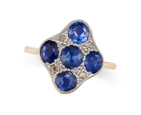 NO RESERVE - AN ART DECO SAPPHIRE AND DIAMOND DRESS RING in yellow and white gold, set with five round cut sapphires accented