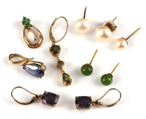 A group of mainly 9 ct jewellery, including an emerald and opal tear drop pendant measuring 17mmx10mm, a pair of cushion cut 
