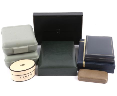 Empty jewellery boxes, including an oval Links of London cardboard box, two grey Guidant boxes, a green necklace box amongst,