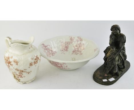 Late Victorian printed pottery basin and jug, and a painted terracotta figure of a classical maiden, damages (3)