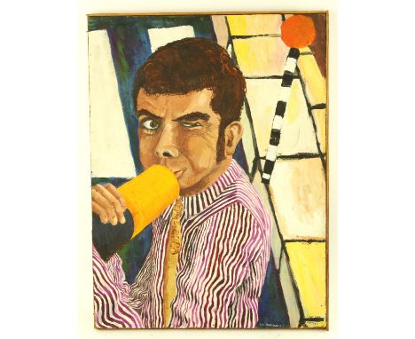 Roger Kean (British 1949-2023). The Junk Bard and I.  Portrait of a man with a golden tie, oil on board, 1966. Signed, inscri