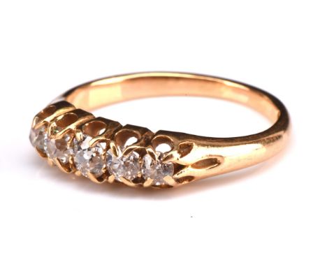 Old cut diamond ring, five stone with openwork mount, total estimated diamond weight 0.47 carats, stamped 18 ct, ring size MC