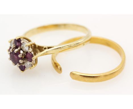 Diamond and ruby cluster ring, hallmarked 18 ct 1991, size P 1/2 and a split shank wedding band hallmarked 22 ct. Condition R