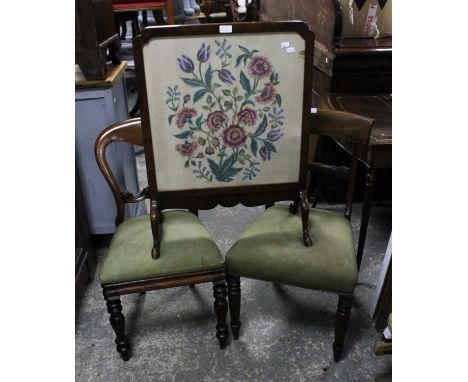 AMMENDED DESCRIPTION Two Victorian dining chairs and a 1920s walnut firescreen, (3)Condition Report:  Please note this lot do