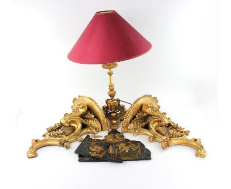 Pair of giltwood Rococo taste wall brackets, 46cm high, together with a gilt resin lamp base and shade and a Victorian printe