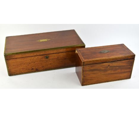 A Regency mahogany and brass bound writing slope, with a tooled green leather inset writing surface, W 50cm, D 26cm, together