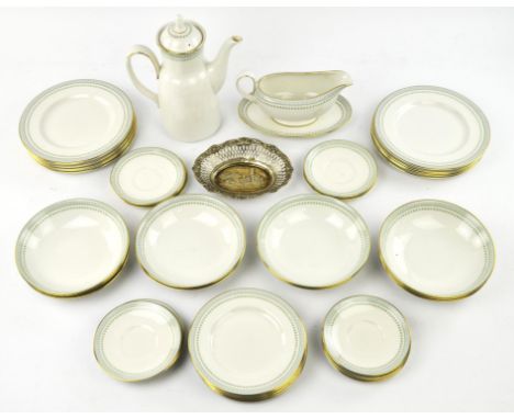 A Royal Doulton part tea service decorated in the 'Berkshire' pattern and a oval white metal pierced bowl, 17cm wide. (qty)