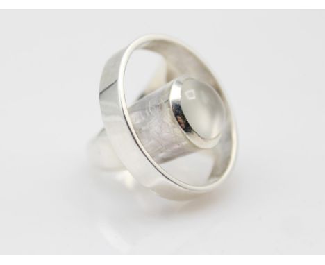 Modern cats eye moonstone dress ring, with openwork halo, ring size J 1/2, hallmarked silver 925 Condition Report:  silver gr