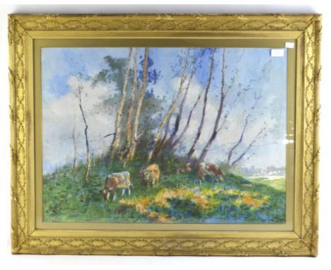 Hutton Mitchell (British 1872-1939), cows grazing in the shade of trees, watercolour, signed, 54 x 76cm, labels verso.