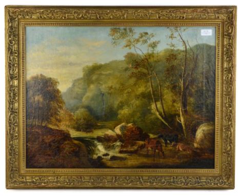 Circle of Thomas Creswick, cows watering by a boulder-strewn stream, oil on canvas, 51 x 70cm, a/f.