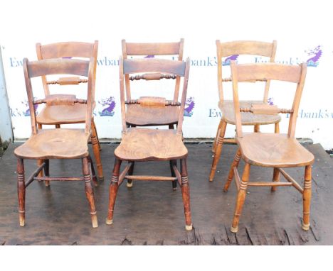 A matched set of six Victorian beechwood, ash and elm kitchen chairs, with bar mid rails and ring turned legs joined by H-for