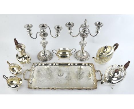 Silver plated items to include, a pair of three light candelabras, five piece tea and coffee service, trays and other items