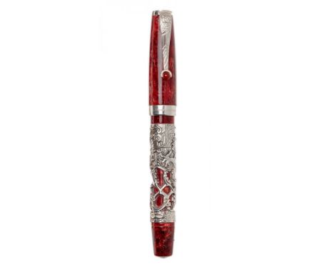 MONTEGRAPPA FOUNTAIN PEN "ZODIAC".Red resin barrel with silver case with dragon.Limited edition.Two-tone 18 Kts gold nib. 18 