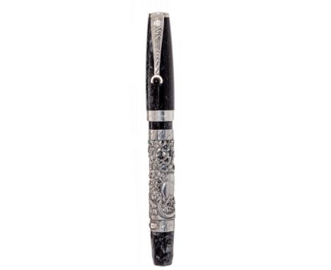 MONTEGRAPPA FOUNTAIN PEN "ZODIAC".Black resin barrel with silver case with Rat.Limited edition.Two-tone 18 Kts gold nib. 18 K