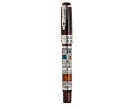 MONTEGRAPPA "Human civilization" STYLOGRAPHIC PLUMA.Body in 925 silver ebonite.Nib plated in 18 kts. gold and platinum.No box