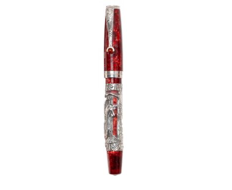 MONTEGRAPPA FOUNTAIN PEN "ZODIAC".Red resin barrel with silver case with Rooster.Limited edition.Two-tone 18 Kts gold nib. 18