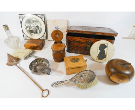 Assorted collectables to include silver, plate, Victorian tiles, silhouette, treen etc all within a vintage biscuit box 