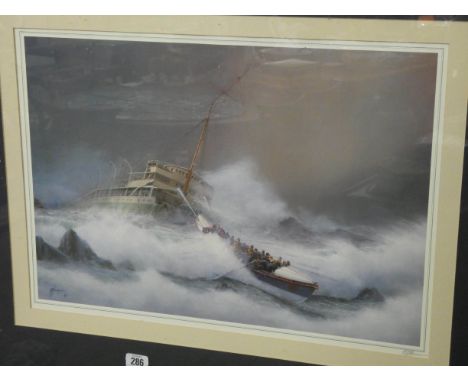 Framed coloured print of The Ship in Distress with lifeboat 