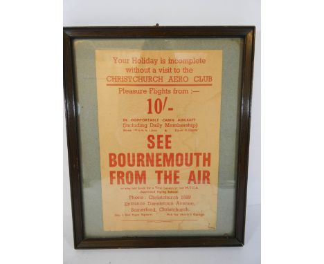 A Vintage flyer from the Bournemouth Air Club, 'Pleasure Flights from 10 Shillings', framed and glazed 