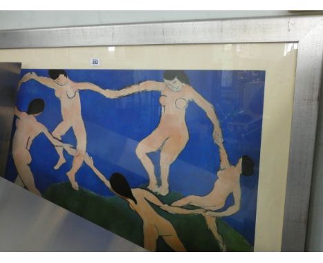 A modern silver framed coloured print of dancing nude figures, approx 24" x 35"