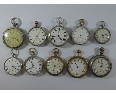 A collection of ten pocket watches six of which have silver cases, one a Marine Decimal Chronograph