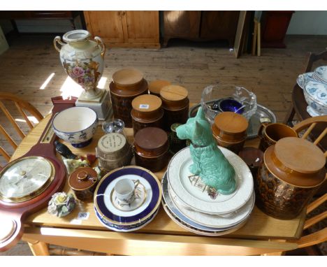 Various Hornsey store jars, plates, barometer, vase, plated tray etc 