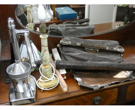 A Gladstone bag, copper tray, fruit squeezer, table lamp etc 