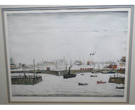 Laurence Stephen Lowry 1887-1976 Artist Signed Colour Lithograph. Titled 'The Harbour'  Stamped by The Fine Art Trade Guild. 