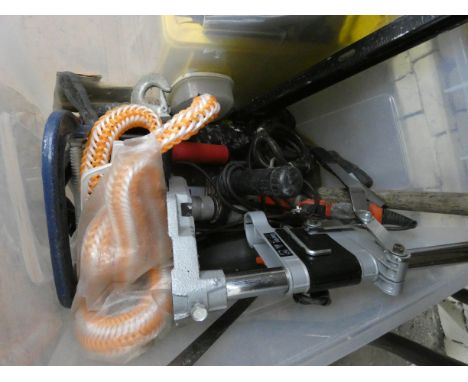 Three boxes of tools, electric drills, ladder stay away etc 