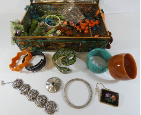 A collection of vintage costume jewellery, bangles, Liberty pewter brooch etc in an old vintage biscuit tin 