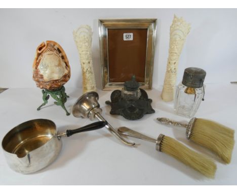 A collection of silver and silver plated items, a carved cameo shell lamp, Indian carved bone vases etc 