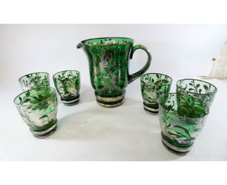 A vintage green glass and silver overlaid lemonade set comprising jug and six glasses