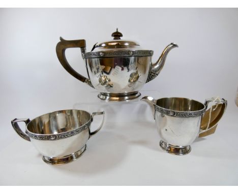 A good quality Art Deco three piece tea service, London hallmarks 1937, 42 1/2 troy ozs 