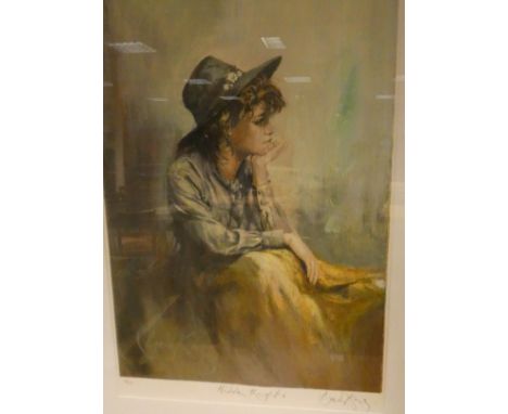 Gordon King signed limited edition print of a girl with hat entitled 'Hidden Thoughts', framed and glazed 