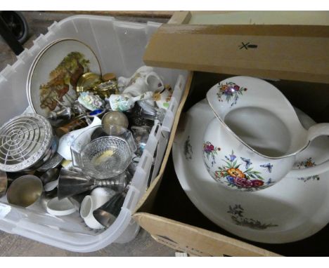 Two clocks, copper coal bucket, jug and basin set, china, brass, glass, ornaments, print etc 