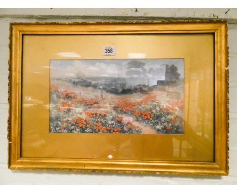 A gilt framed coloured print of a poppy field by S Shelton 