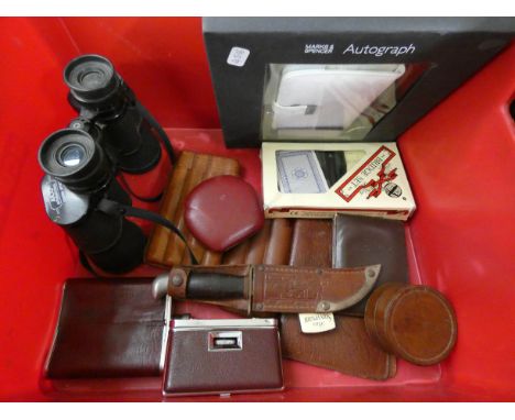 Leather wallets, cigar cases, a knife in a sheath, binoculars, opera glasses, travel clock etc 