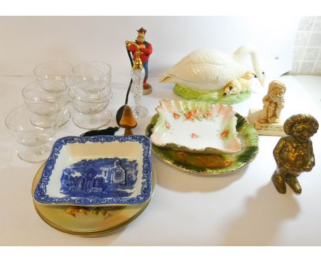 A collection of decorative glass and ceramics to include, wall plates, vintage brass money box and a swan and cygnet model  