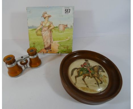 A framed Victorian pot lid, a Victorian hand painted tile and a pair of vintage opera glasses 