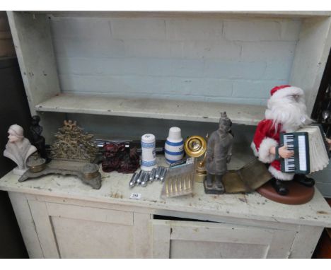 Father Christmas, brass letter rack, figure ornaments, clock and other sundries 