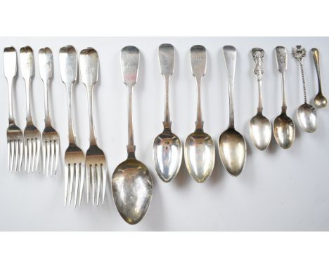 Georgian and later hallmarked silver cutlery comprising Newcastle fiddle pattern table spoon, two table forks, two dessert sp