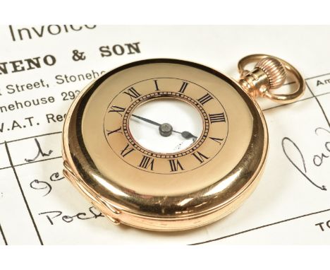 Record 9ct gold keyless winding half hunter pocket watch&nbsp;with subsidiary seconds dial, blued hands, black Roman numerals