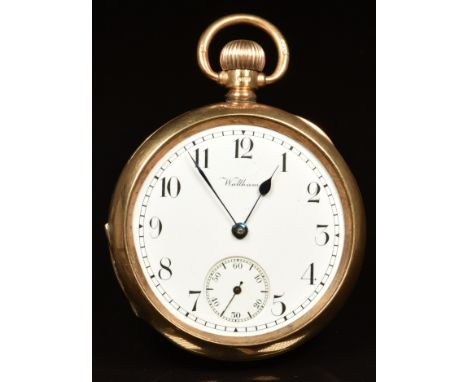 Waltham 9ct gold keyless winding open faced pocket watch&nbsp;with inset subsidiary seconds dial, blued hands, black Arabic n