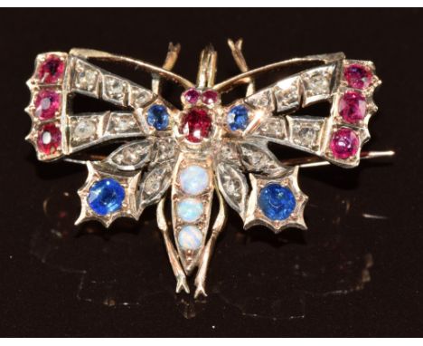 Victorian 9ct gold metamorphic brooch in the form of a butterfly set with rubies, sapphires, opals and rose cut diamonds, the