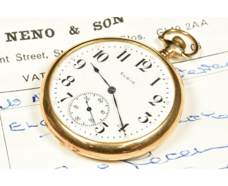 Elgin 14ct gold keyless winding open faced pocket watch&nbsp;with inset subsidiary seconds dial, blued hands, black Arabic nu