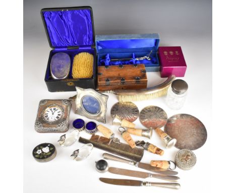 Hallmarked and other silver mounted items to include nickel goliath watch in holder, pair of brushes, comb, circular photogra