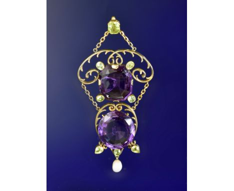 Suffragette silver gilt pendant set with oval cut and emerald cut amethysts of approximately 15ct &amp; 13ct, peridots and a 